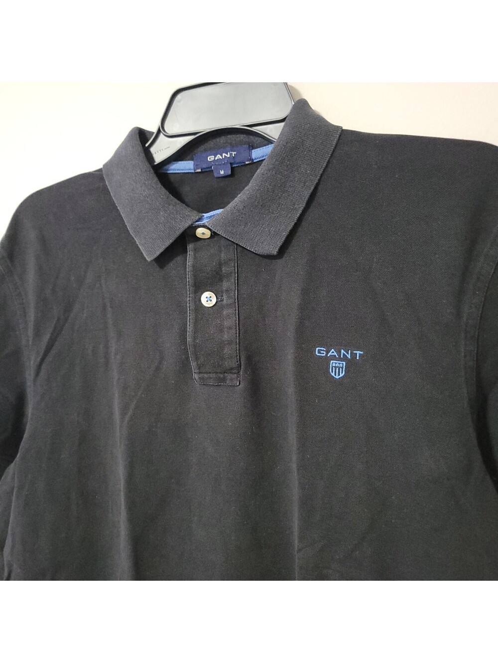 GANT Polo Shirt Mens M Black Blue Logo Stretch Cotton Pique Short Sleeve Casual